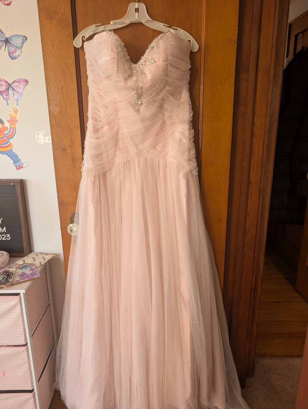 Maggie Sottero Strapless Blush Pink Tulle Gown with Beaded Bodice